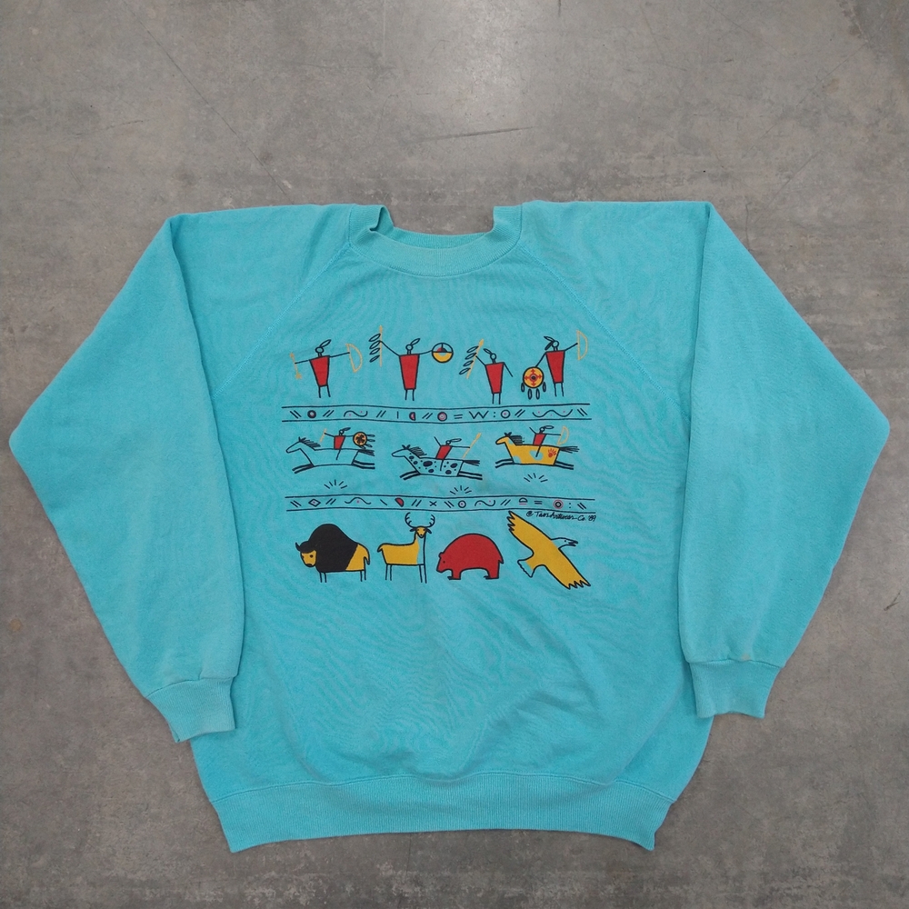 Native Art Graphic Teal VTG Sweatshirt L Measurements 90s USA Made
